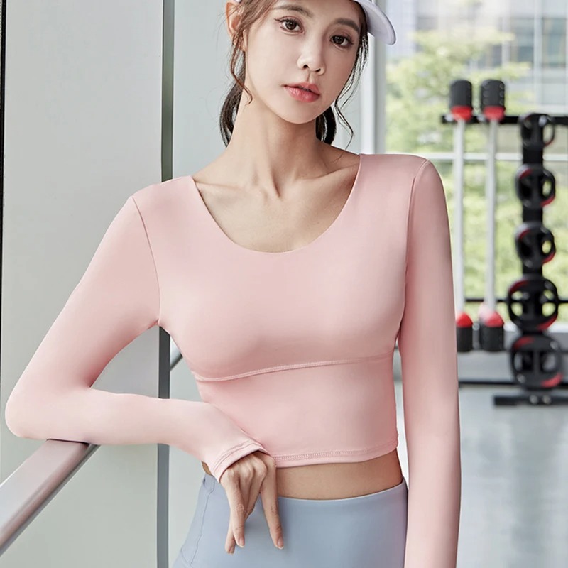 Picture of Women Cross Back Sports Shirts Round Neck Long Sleeve Yoga Crop Tops Fitness Gym Workout Sportswear Backless Slim Fit Sports Top