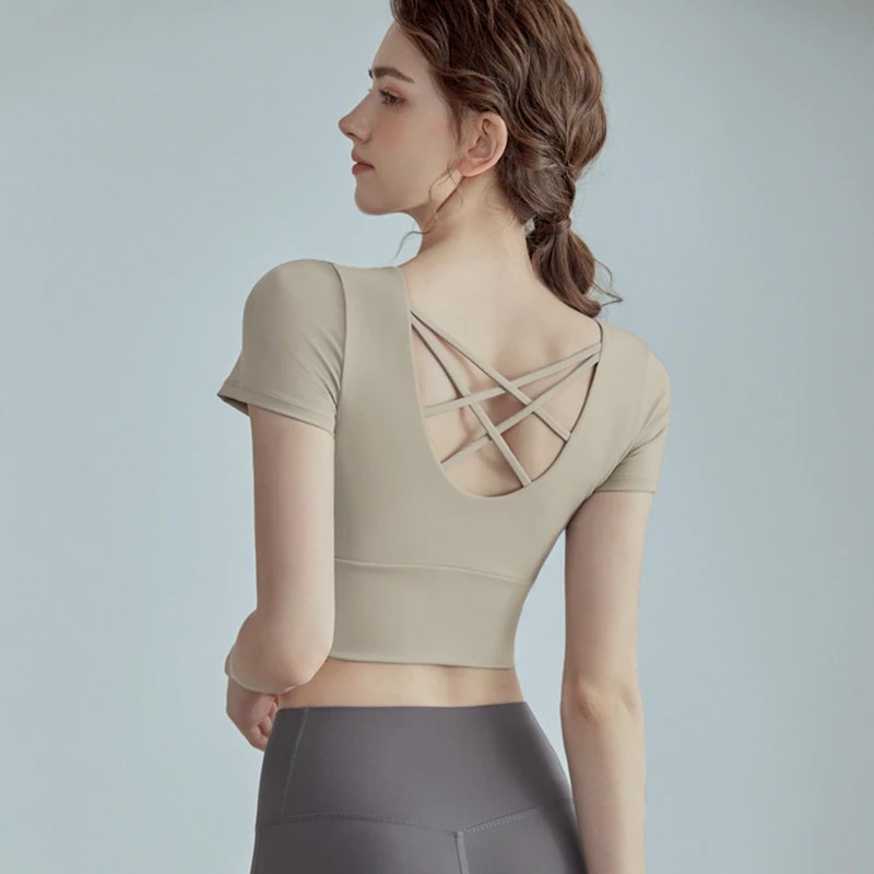 Picture of Short Sleeve Yoga Shirt with Build-in Cup Sports Crop Tops Gym Top Pilates Workout Top Fitness Active Wear Crisscross Back Shirt